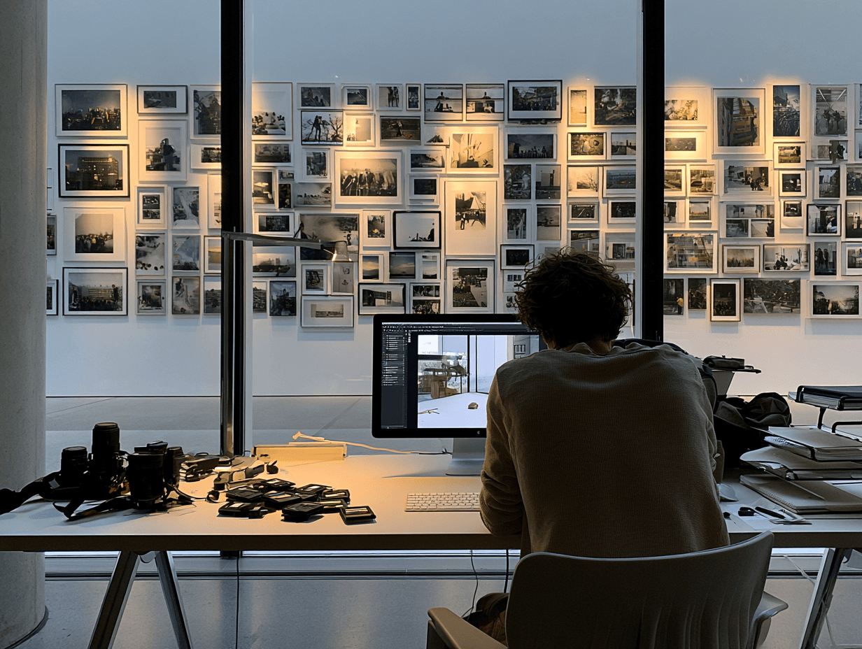 A photographer working at a desk in a photography studio